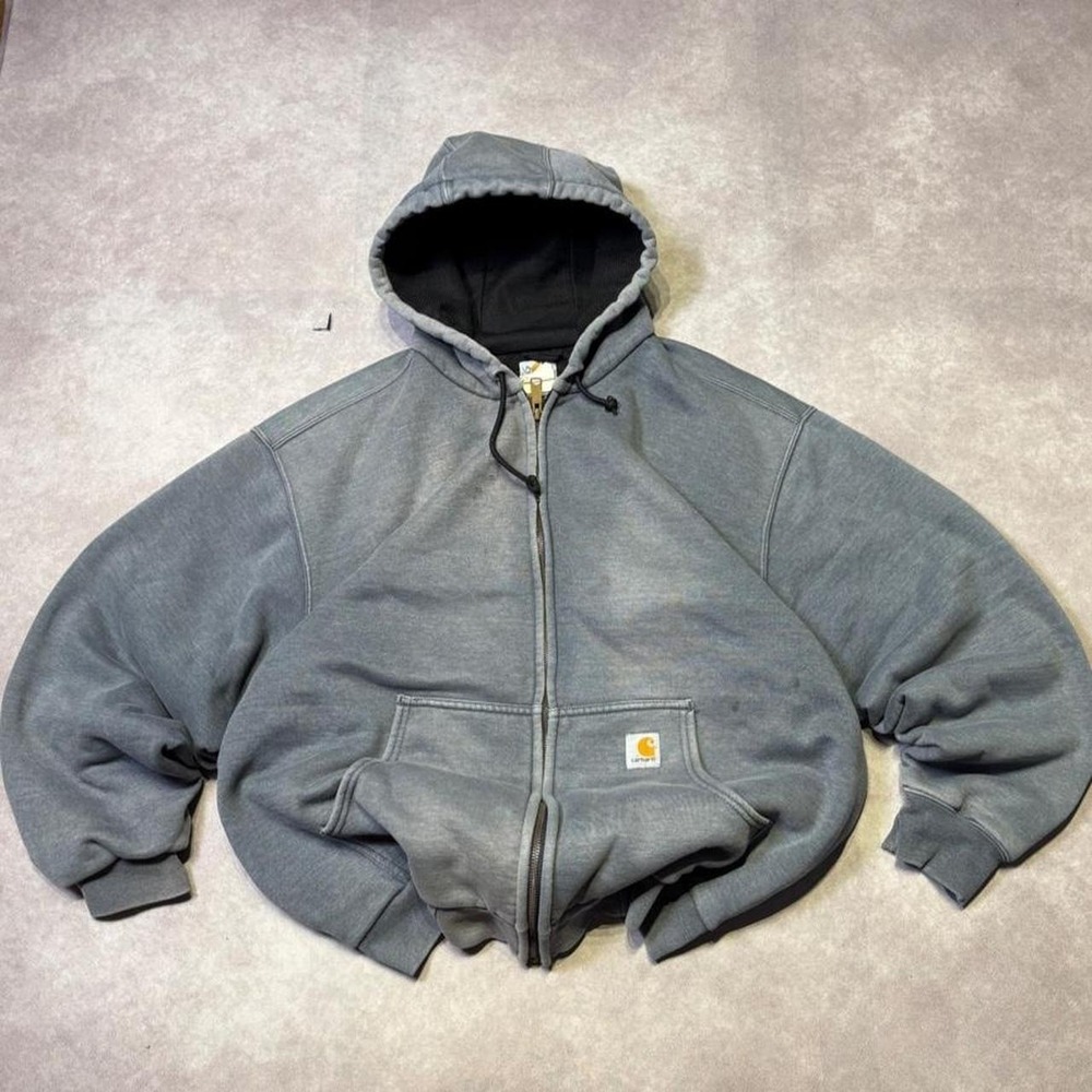Vintage Y2K Carhartt Gray Faded Workwear Full Zip Hooded Sweatshirt XL